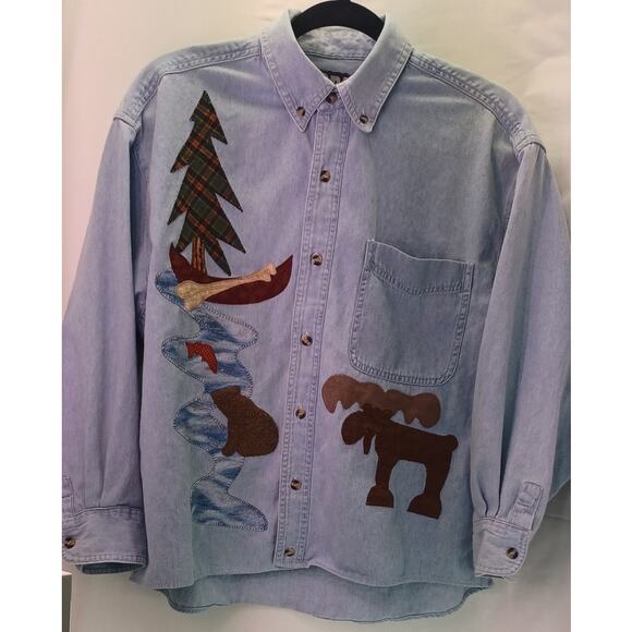 VTG 90s Copa Banana Denim Shirt Moose Bear Applique Medium Chambray Button Down - Picture 3 of 6